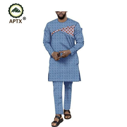New fashion Muslim cotton suit for men jacquard full sleeves side slit top+ slim pants men's casual suit T1916003