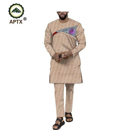 New fashion Muslim cotton suit for men jacquard full sleeves side slit top+ slim pants men's casual suit T1916003