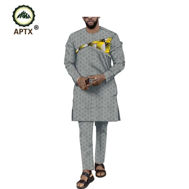 New fashion Muslim cotton suit for men jacquard full sleeves side slit top+ slim pants men's casual suit T1916003