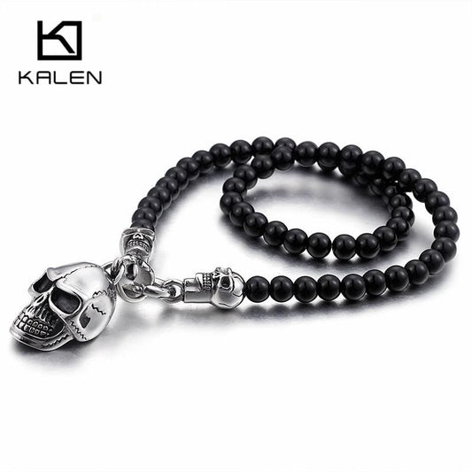 KALEN African Glass Beads 47cm 50cm 60cm 75cm Chain Necklaces Men Punk Stainless Steel Skull Pendant Statement Choker Jewelry