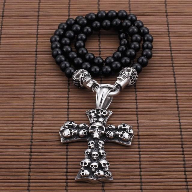 KALEN African Glass Beads 47cm 50cm 60cm 75cm Chain Necklaces Men Punk Stainless Steel Skull Pendant Statement Choker Jewelry