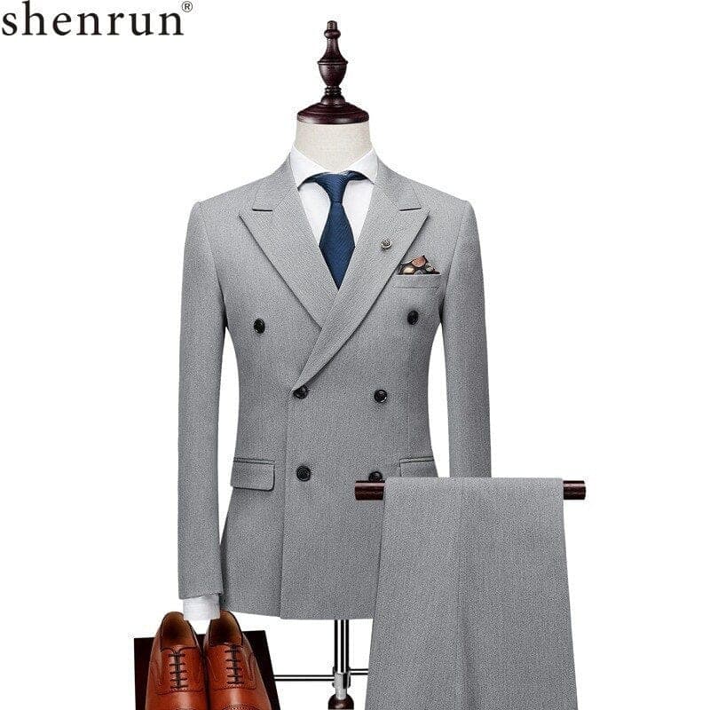 Shenrun Men Suits Slim Business Office Work Party Wedding Groom Tuxedo Stage Banquet Evening Dinner Double Breasted Six Buttons