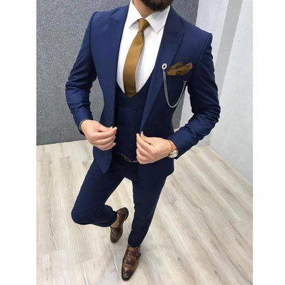 2020 Three Piece Royal Blue Men Suits Peaked Lapel Custom Made Wedding Tuxedos Slim Fit Male Suits (Jacket + Pants + Vest+Tie)