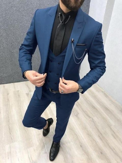 2020 Three Piece Royal Blue Men Suits Peaked Lapel Custom Made Wedding Tuxedos Slim Fit Male Suits (Jacket + Pants + Vest+Tie)