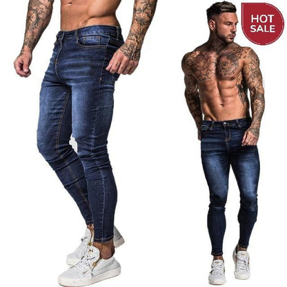 GINGTTO Jeans Men Elastic Waist Skinny Jeans Men 2020 Stretch Ripped Pants Streetwear Mens Denim Jeans Blue