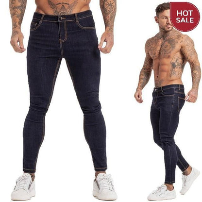 GINGTTO Jeans Men Elastic Waist Skinny Jeans Men 2020 Stretch Ripped Pants Streetwear Mens Denim Jeans Blue