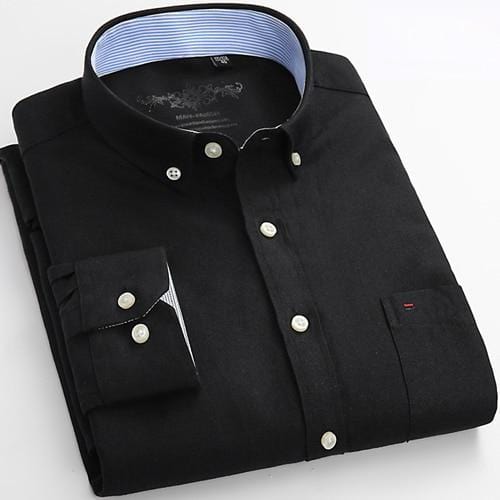 Men's Long Sleeve Oxford Plaid Striped Casual Shirt Front Patch Chest Pocket Regular-fit Button-down Collar Thick Work Shirts