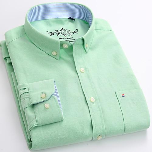 Men's Long Sleeve Oxford Plaid Striped Casual Shirt Front Patch Chest Pocket Regular-fit Button-down Collar Thick Work Shirts