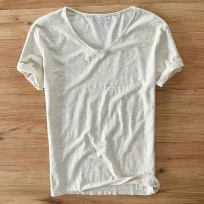 Summer Men linen cotton t shirt men short sleeve V-neck breathable soft Loose Thin white t-shirt men Asian size M-XXXL 201