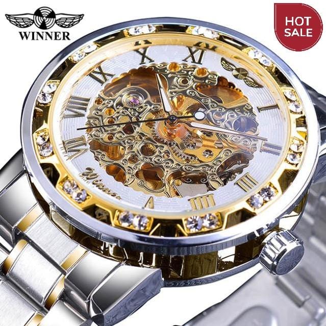 Winner Transparent Fashion Diamond Luminous Gear Movement Royal Design Men Top Brand Luxury Male Mechanical Skeleton Wrist Watch