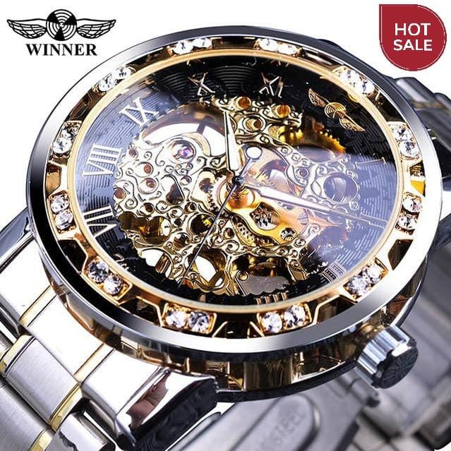 Winner Transparent Fashion Diamond Luminous Gear Movement Royal Design Men Top Brand Luxury Male Mechanical Skeleton Wrist Watch
