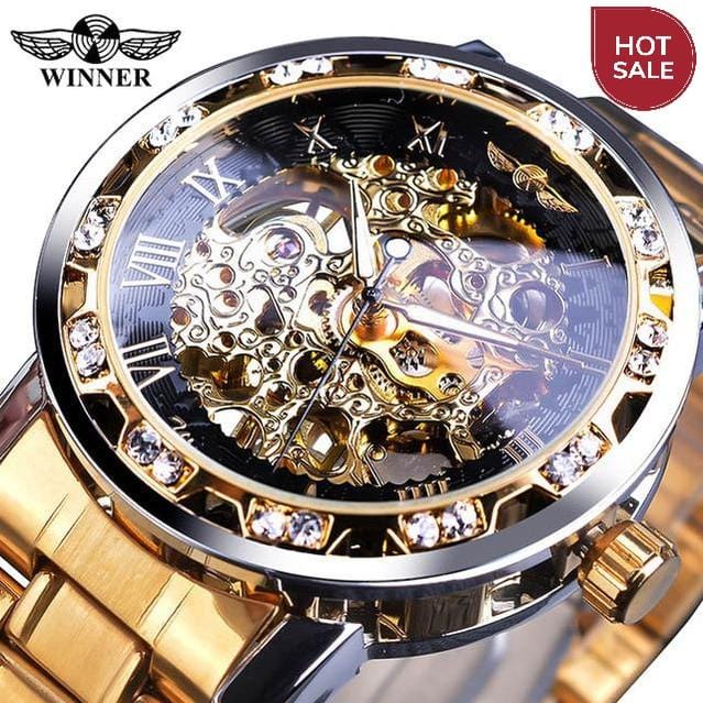 Winner Transparent Fashion Diamond Luminous Gear Movement Royal Design Men Top Brand Luxury Male Mechanical Skeleton Wrist Watch