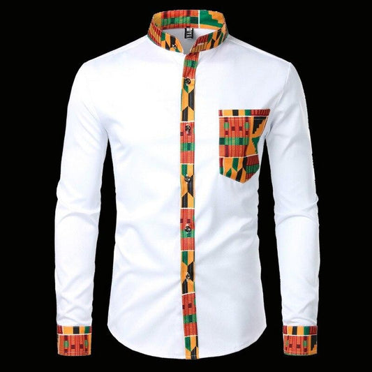 Mens Hipster African Dashiki Tribal Graphic Patchwork Shirts Slim Fit Long Sleeve Mandarin Collar Shirt Camisas Men Clothing