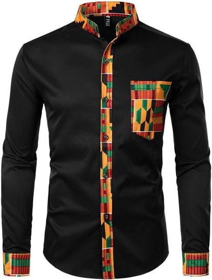 Mens Hipster African Dashiki Tribal Graphic Patchwork Shirts Slim Fit Long Sleeve Mandarin Collar Shirt Camisas Men Clothing