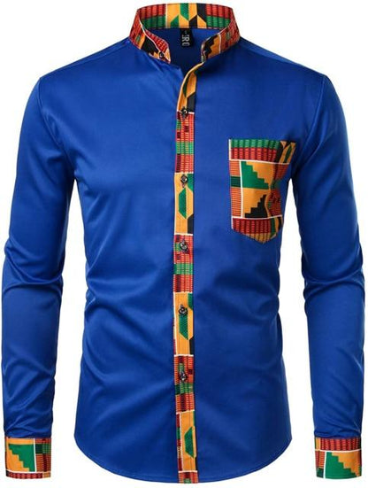 Mens Hipster African Dashiki Tribal Graphic Patchwork Shirts Slim Fit Long Sleeve Mandarin Collar Shirt Camisas Men Clothing