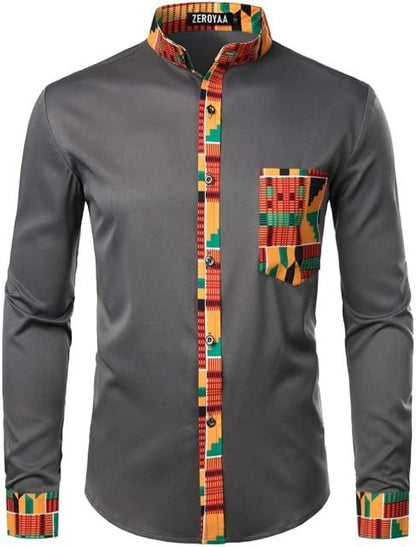Mens Hipster African Dashiki Tribal Graphic Patchwork Shirts Slim Fit Long Sleeve Mandarin Collar Shirt Camisas Men Clothing