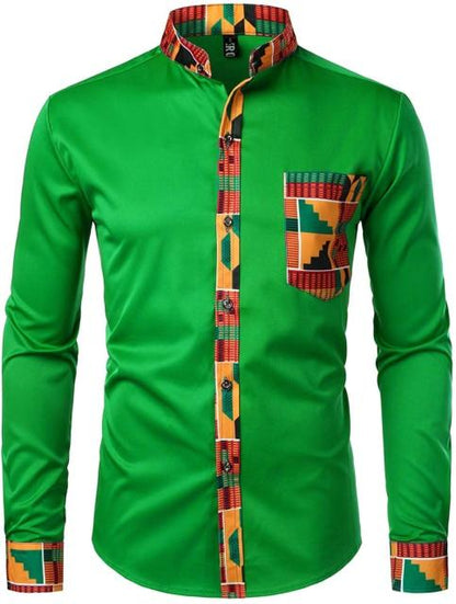 Mens Hipster African Dashiki Tribal Graphic Patchwork Shirts Slim Fit Long Sleeve Mandarin Collar Shirt Camisas Men Clothing