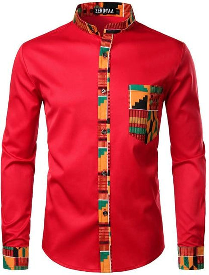 Mens Hipster African Dashiki Tribal Graphic Patchwork Shirts Slim Fit Long Sleeve Mandarin Collar Shirt Camisas Men Clothing
