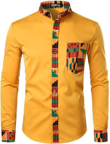 Mens Hipster African Dashiki Tribal Graphic Patchwork Shirts Slim Fit Long Sleeve Mandarin Collar Shirt Camisas Men Clothing