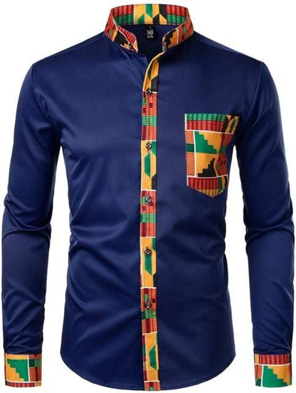 Mens Hipster African Dashiki Tribal Graphic Patchwork Shirts Slim Fit Long Sleeve Mandarin Collar Shirt Camisas Men Clothing