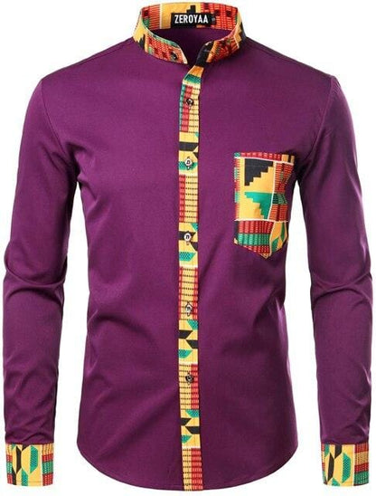 Mens Hipster African Dashiki Tribal Graphic Patchwork Shirts Slim Fit Long Sleeve Mandarin Collar Shirt Camisas Men Clothing