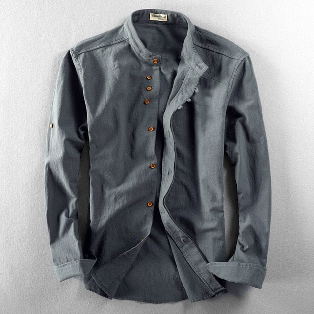 Men Spring Autumn Fashion Japan Vintage Style Premium Linen Stand Collar Slim Fit Single Breasted Simple Design Casual Shirts