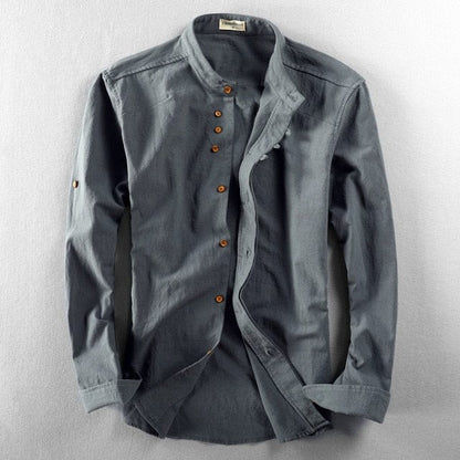 Men Spring Autumn Fashion Japan Vintage Style Premium Linen Stand Collar Slim Fit Single Breasted Simple Design Casual Shirts