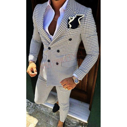 Fashion Lattice Men's Suit Slim Fit Prom Wedding Suits for Men Groom Tuxedo Jacket Pants Set Custom White Casual Men Blazer