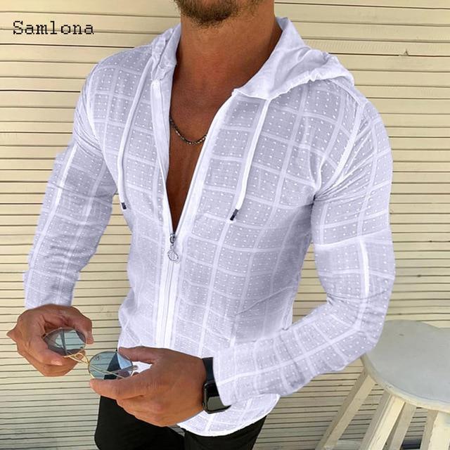 Fashion Long/Short sleeved Hoodie Zipper T shirt Men Clothing Summer Solid color Casual Plaid print Open Stitch Thin Tshirt Mens