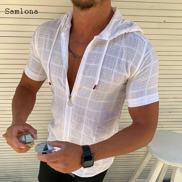 Fashion Long/Short sleeved Hoodie Zipper T shirt Men Clothing Summer Solid color Casual Plaid print Open Stitch Thin Tshirt Mens