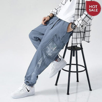 Plus Size Jeans Men Loose Joggers Streetwear Harem Jeans Cargo Pants Ankle-Length Denim Trousers