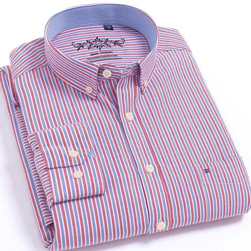 Men's Long Sleeve Oxford Plaid Striped Casual Shirt Front Patch Chest Pocket Regular-fit Button-down Collar Thick Work Shirts