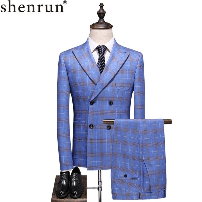 Shenrun Men Suits Check Slim Fit Business Work Office Uniform Plaid Suit Party Prom Banquet Wedding Double Breasted Six Buttons