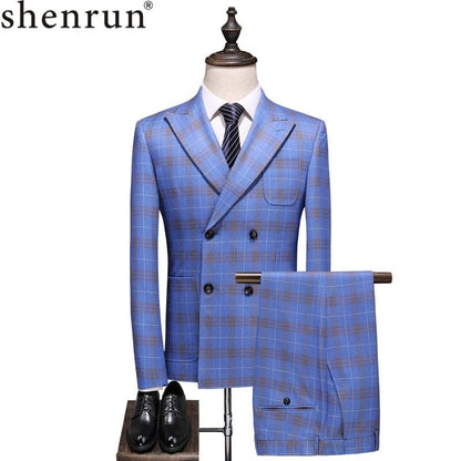 Shenrun Men Suits Check Slim Fit Business Work Office Uniform Plaid Suit Party Prom Banquet Wedding Double Breasted Six Buttons