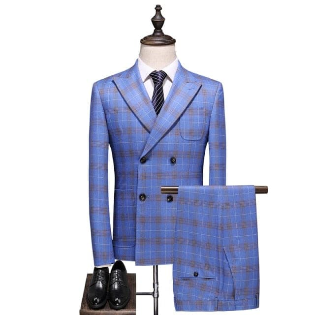 Shenrun Men Suits Check Slim Fit Business Work Office Uniform Plaid Suit Party Prom Banquet Wedding Double Breasted Six Buttons