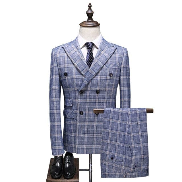 Shenrun Men Suits Check Slim Fit Business Work Office Uniform Plaid Suit Party Prom Banquet Wedding Double Breasted Six Buttons