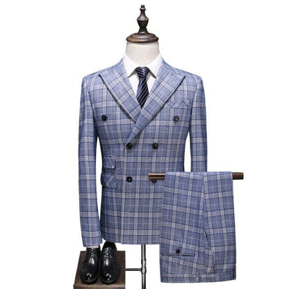 Shenrun Men Suits Check Slim Fit Business Work Office Uniform Plaid Suit Party Prom Banquet Wedding Double Breasted Six Buttons