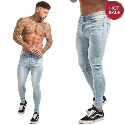 GINGTTO Jeans Men Elastic Waist Skinny Jeans Men 2020 Stretch Ripped Pants Streetwear Mens Denim Jeans Blue