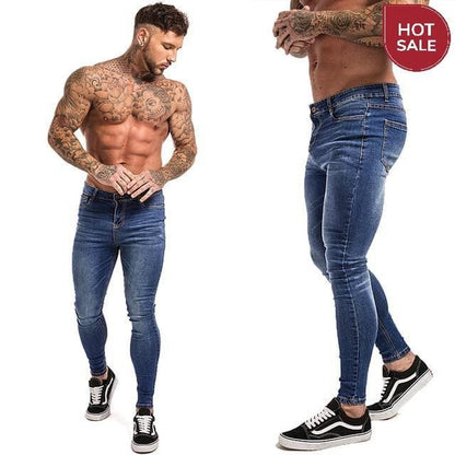 GINGTTO Jeans Men Elastic Waist Skinny Jeans Men 2020 Stretch Ripped Pants Streetwear Mens Denim Jeans Blue