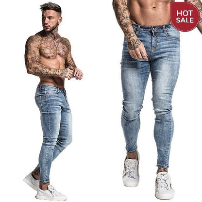 GINGTTO Jeans Men Elastic Waist Skinny Jeans Men 2020 Stretch Ripped Pants Streetwear Mens Denim Jeans Blue