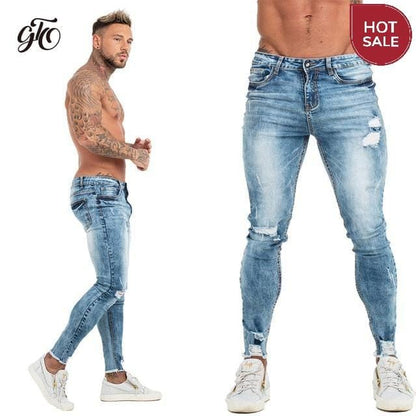 GINGTTO Jeans Men Elastic Waist Skinny Jeans Men 2020 Stretch Ripped Pants Streetwear Mens Denim Jeans Blue