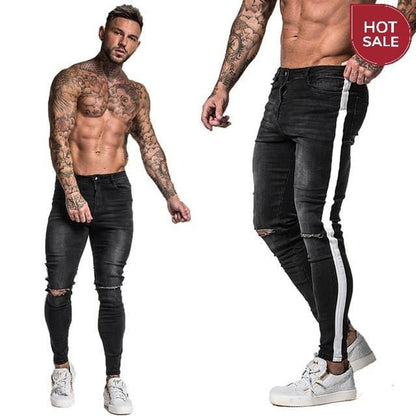GINGTTO Jeans Men Elastic Waist Skinny Jeans Men 2020 Stretch Ripped Pants Streetwear Mens Denim Jeans Blue
