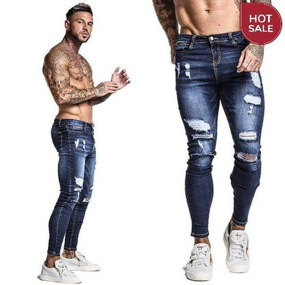 GINGTTO Jeans Men Elastic Waist Skinny Jeans Men 2020 Stretch Ripped Pants Streetwear Mens Denim Jeans Blue