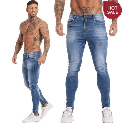 GINGTTO Jeans Men Elastic Waist Skinny Jeans Men 2020 Stretch Ripped Pants Streetwear Mens Denim Jeans Blue