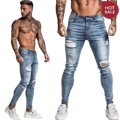 GINGTTO Jeans Men Elastic Waist Skinny Jeans Men 2020 Stretch Ripped Pants Streetwear Mens Denim Jeans Blue