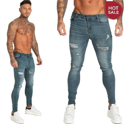 GINGTTO Jeans Men Elastic Waist Skinny Jeans Men 2020 Stretch Ripped Pants Streetwear Mens Denim Jeans Blue