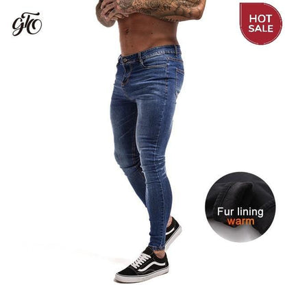 GINGTTO Jeans Men Elastic Waist Skinny Jeans Men 2020 Stretch Ripped Pants Streetwear Mens Denim Jeans Blue