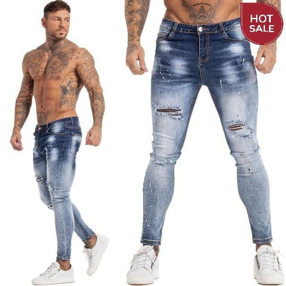 GINGTTO Jeans Men Elastic Waist Skinny Jeans Men 2020 Stretch Ripped Pants Streetwear Mens Denim Jeans Blue