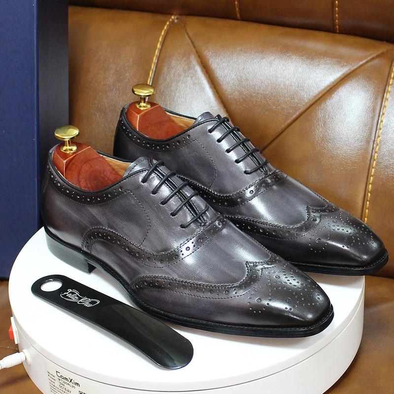 Handmade Mens Shoes Grey Genuine Leather Men's Dress Shoes Classic Business Formal Shoes for Men