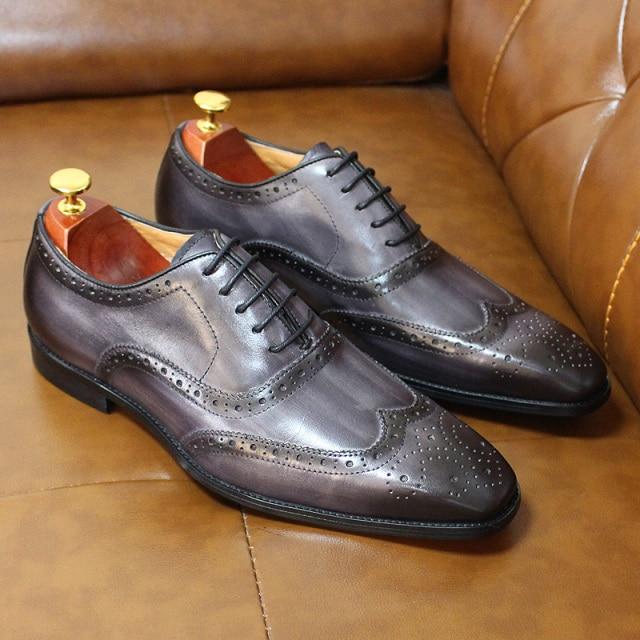 Handmade Mens Shoes Grey Genuine Leather Men's Dress Shoes Classic Business Formal Shoes for Men